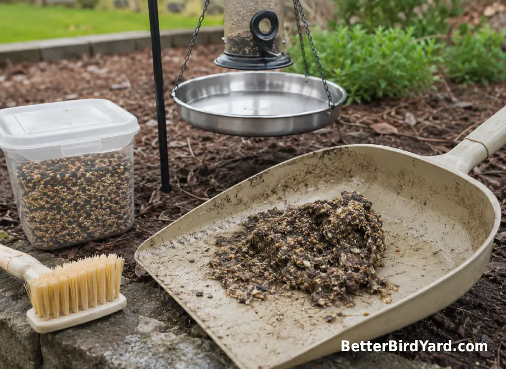 Wet discarded seed sits beside a clean feeder and sealed seed container.