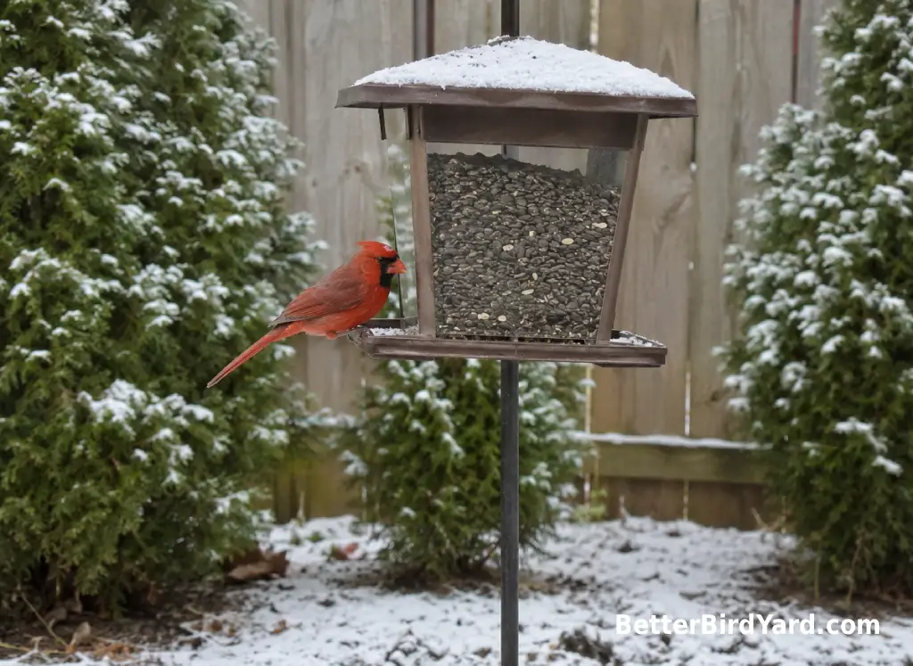 A Northern Cardinal perches near a snow-dusted hopper feeder backed by evergreen shrubs.
