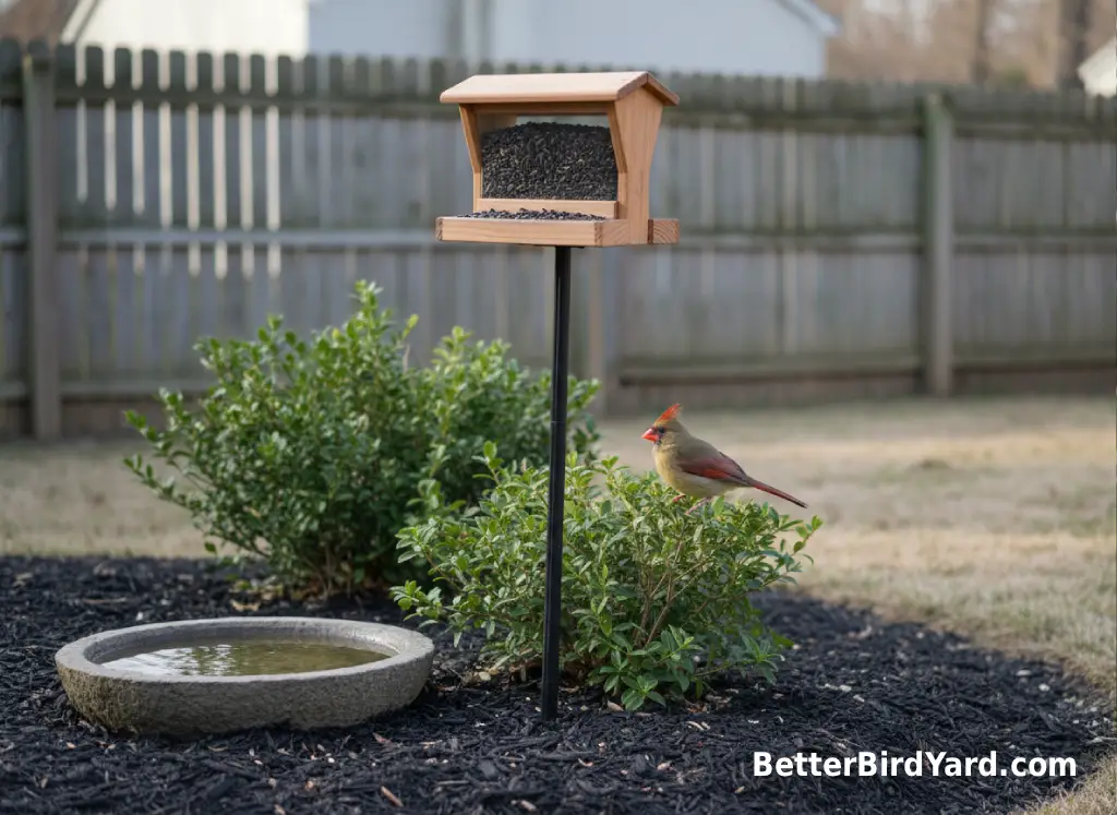 A clean backyard cardinal feeder station includes a hopper feeder, bird bath, and shrubs.