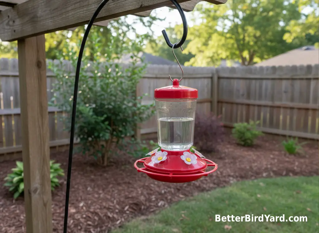 A clean red hummingbird feeder hangs in a shaded backyard garden.