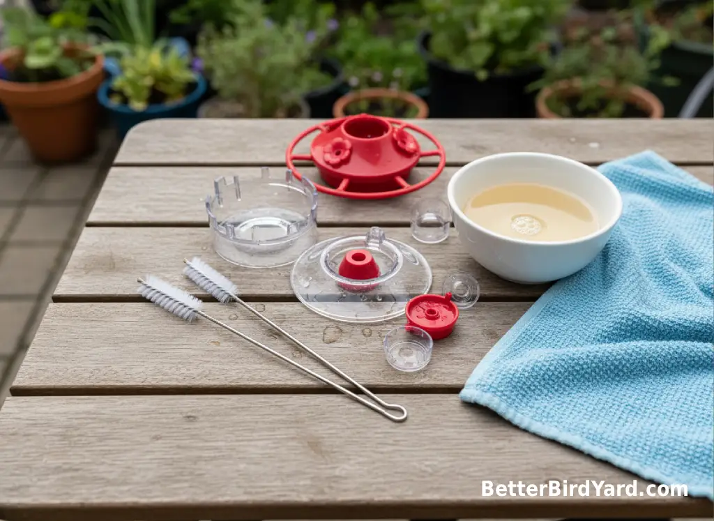 Small cleaning brushes sit beside a disassembled hummingbird feeder on an outdoor table.