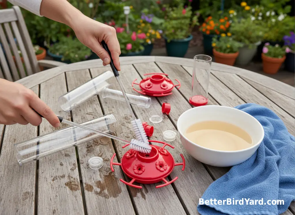 A disassembled hummingbird feeder is cleaned with small brushes on a patio table.