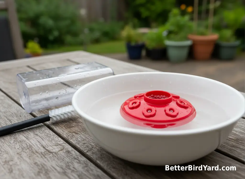 A hummingbird feeder base soaks in a clear cleaning solution beside a small brush.