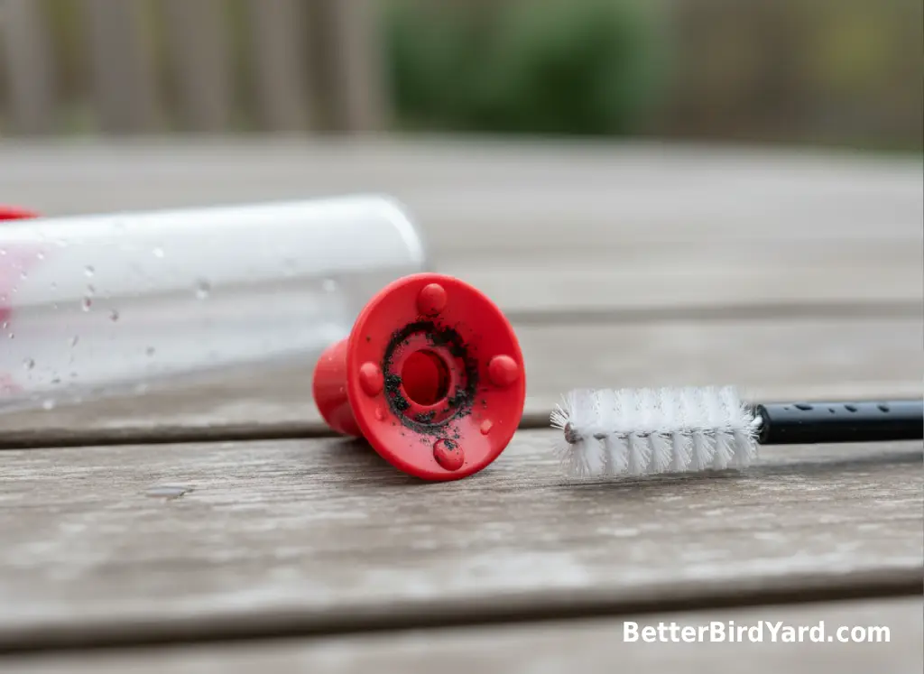 A small brush sits beside a hummingbird feeder port with dark residue.