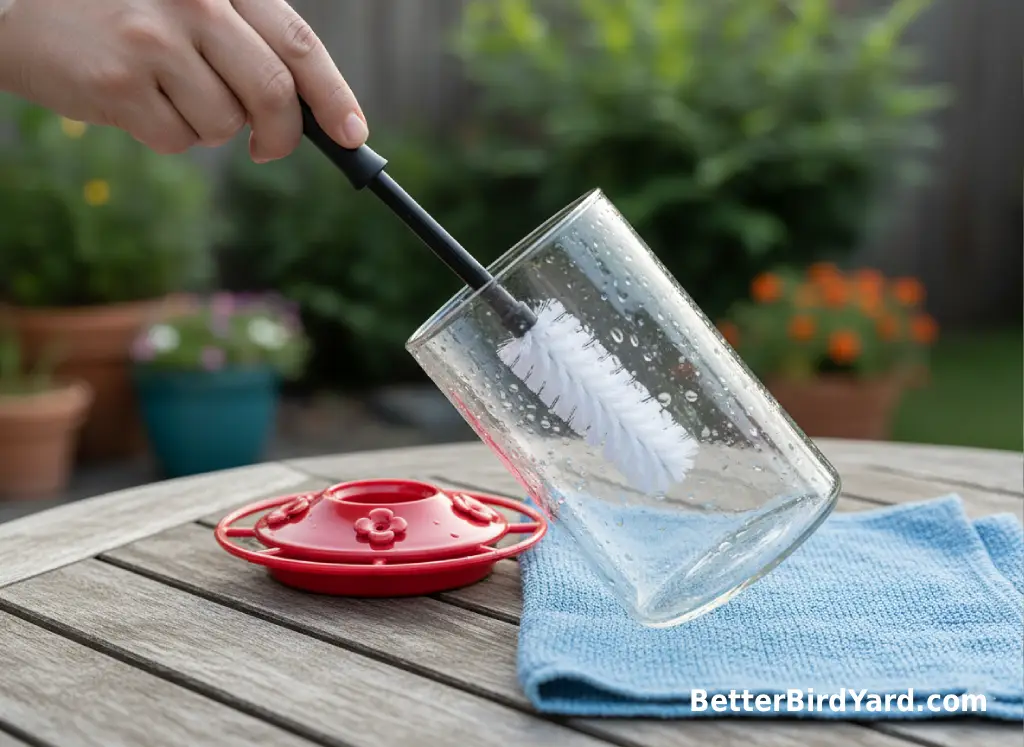 A glass hummingbird feeder reservoir is cleaned with a bottle brush on a garden table.