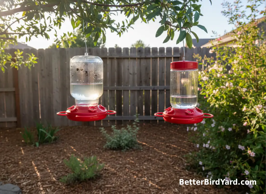 A clean shaded hummingbird feeder hangs near an overfilled feeder in direct sun.