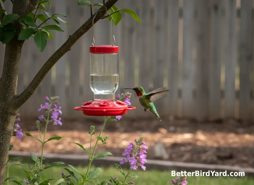 A small clean hummingbird feeder hangs in light shade near native flowers.