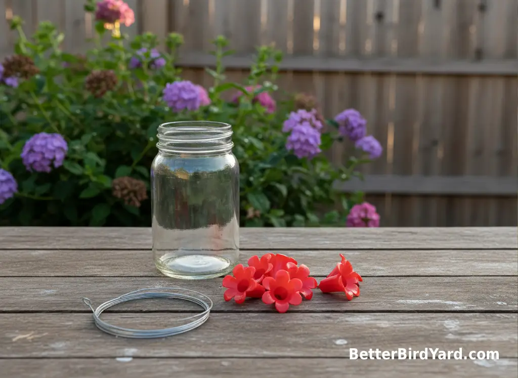 A clean homemade hummingbird feeder setup rests on a patio table beside native garden plants.