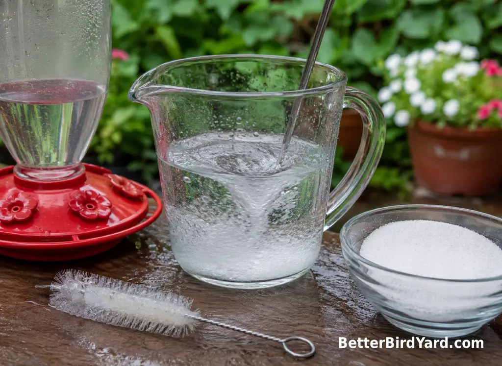 Clear hummingbird nectar is mixed in a glass measuring cup beside a clean red feeder base.