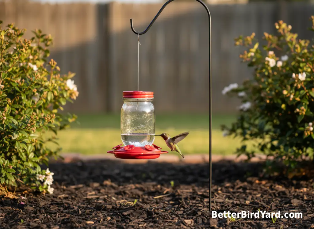 A small mason jar hummingbird feeder hangs from a garden hook near a mulched backyard bed.