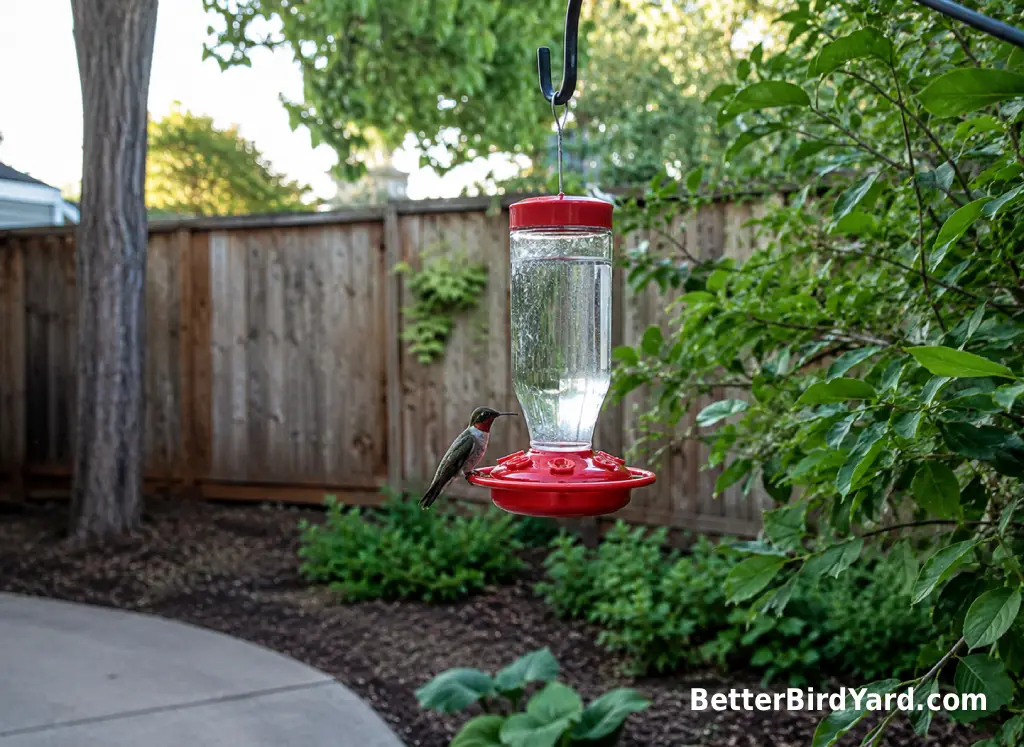 A clean hummingbird feeder hangs in light shade near shrubs in a suburban backyard.