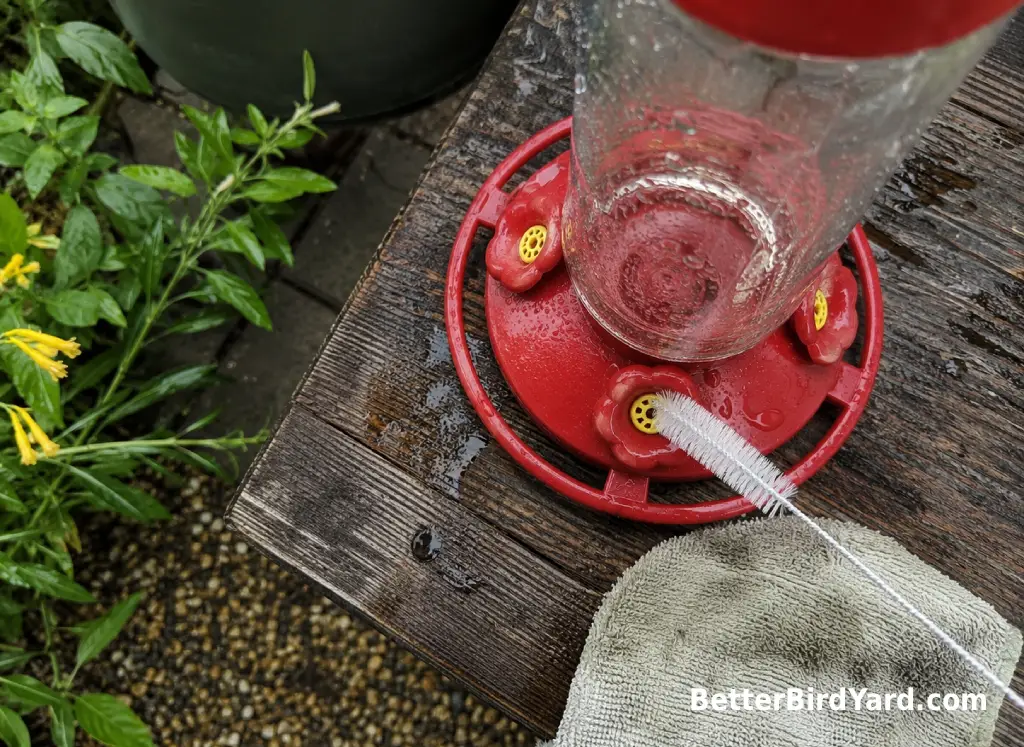 A hummingbird feeder base is cleaned with a small brush on an outdoor wooden bench.