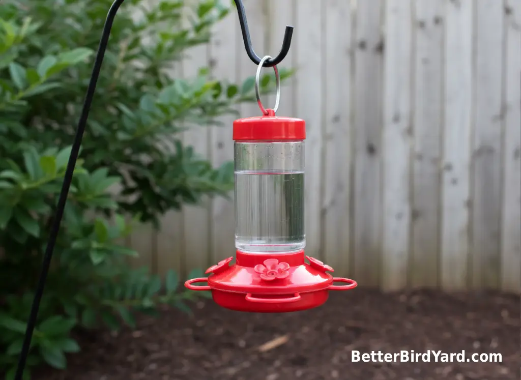 A small red hummingbird feeder hangs in a backyard garden near native shrubs.