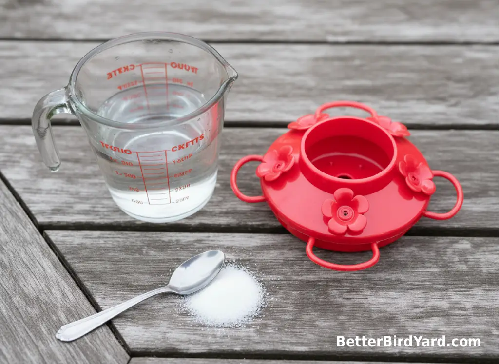 Clear hummingbird nectar sits in a glass measuring cup beside a clean feeder base.