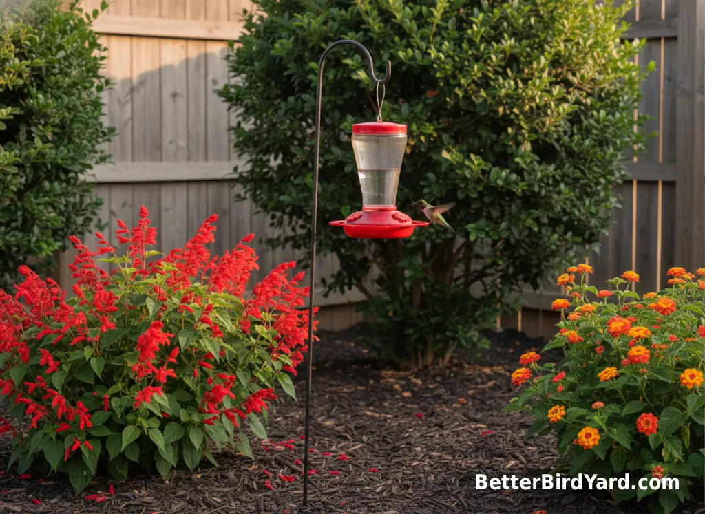A hummingbird feeder hangs near red tubular flowers on a small backyard patio.