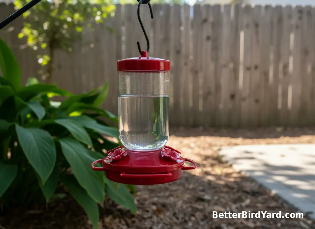 A clean hummingbird feeder hangs in light shade beside a small patio garden.