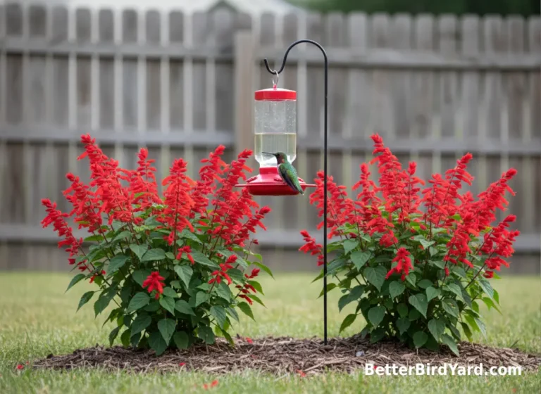 Red native flowers grow near a clean hummingbird feeder in a small backyard garden.
