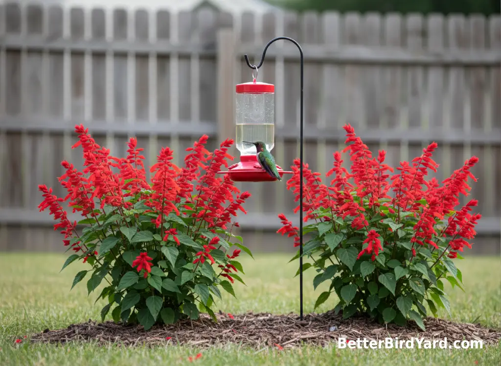 Red native flowers grow near a clean hummingbird feeder in a small backyard garden.