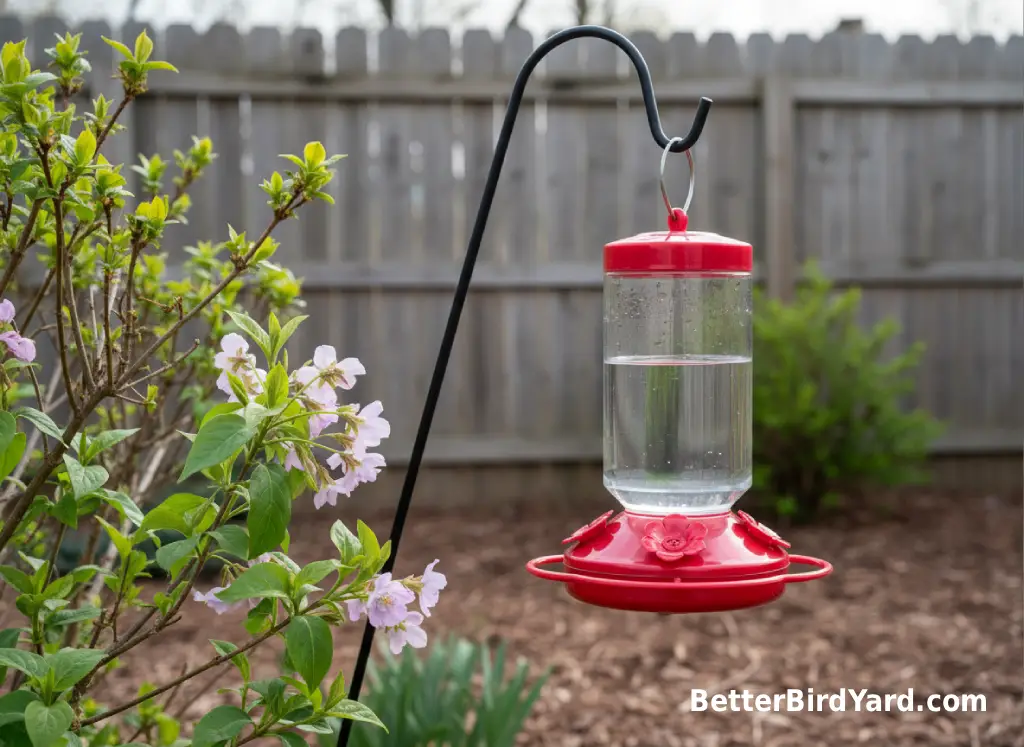 A clean hummingbird feeder hangs near spring flowers in a suburban backyard.