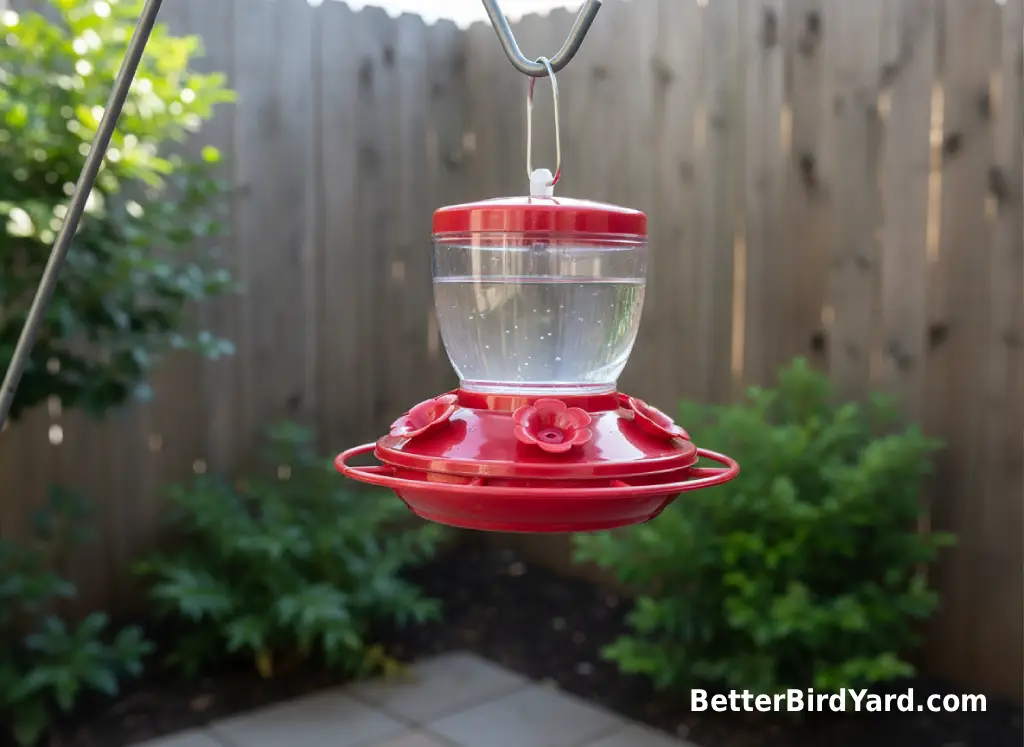 A clean red saucer hummingbird feeder hangs in light shade near a small patio garden.