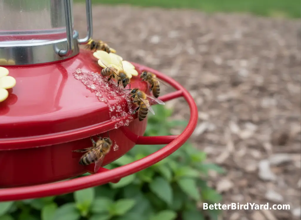 A few bees investigate a dried nectar drip on a red hummingbird feeder.