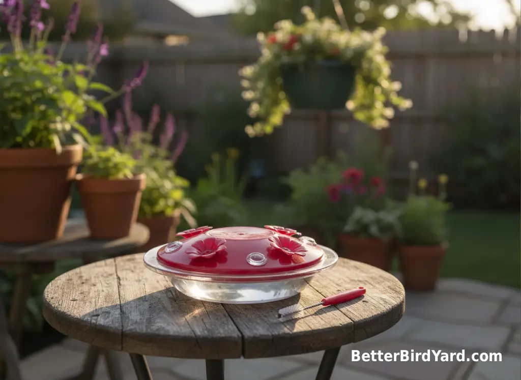 A saucer hummingbird feeder with raised feeding ports sits beside a cleaning brush.