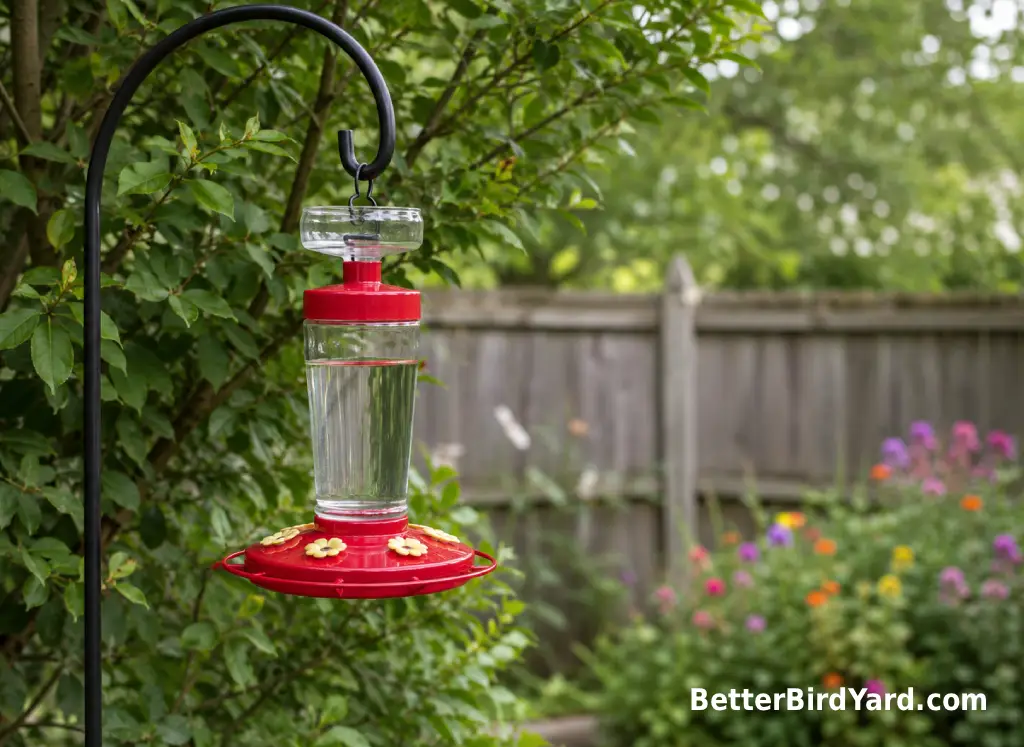A red hummingbird feeder with an ant moat hangs from a shepherd hook near shrubs.