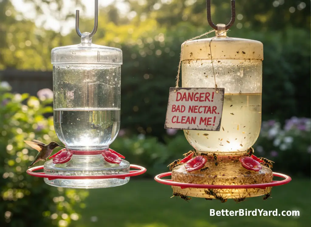 Fresh clear hummingbird nectar is poured into a clean red saucer feeder.
