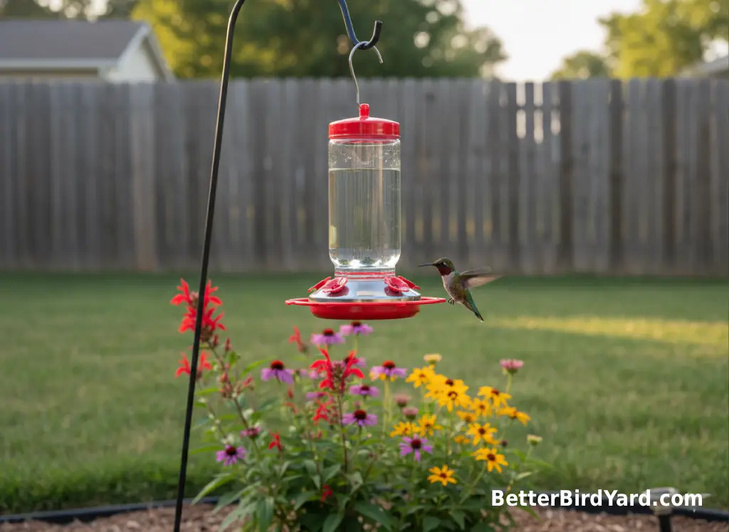 A hummingbird feeder hangs away from a blooming pollinator patch in a small backyard.