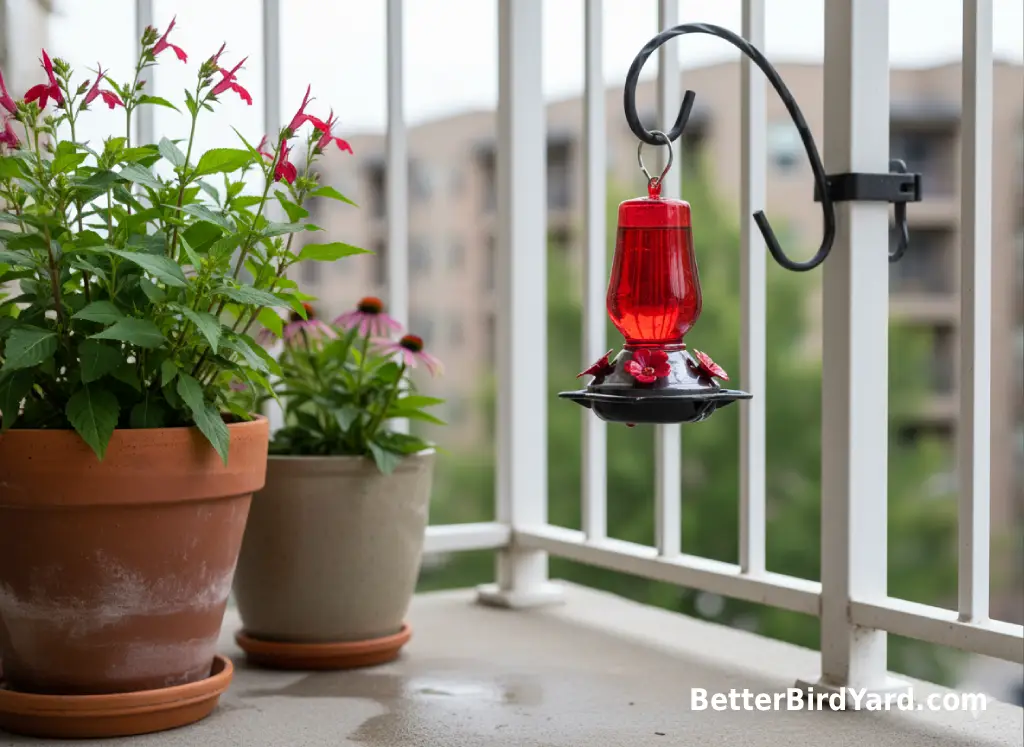 A compact hummingbird feeder hangs from a balcony hook beside potted flowers.
