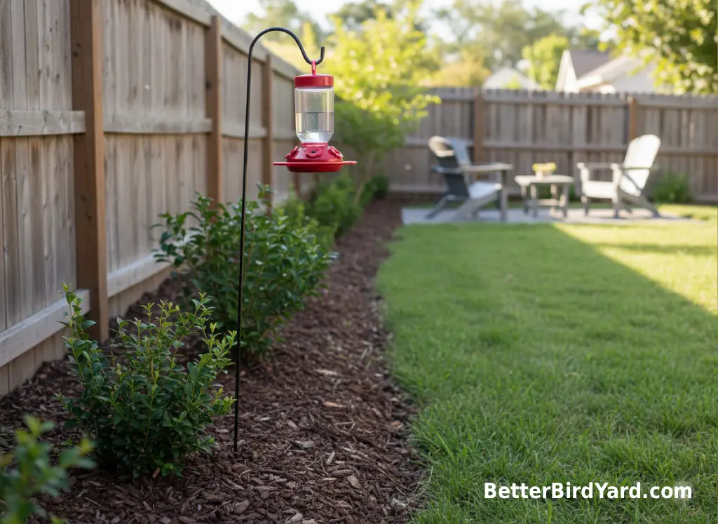 A hummingbird feeder hangs at the quiet edge of a backyard away from a patio area.