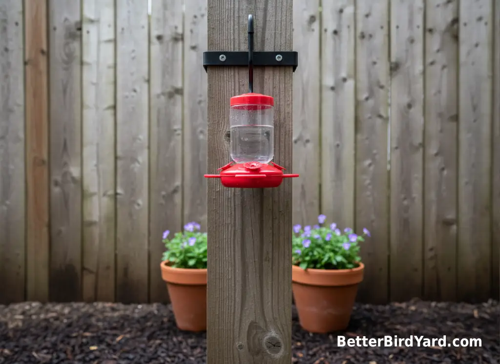 A small hummingbird feeder hangs at eye level from a patio bracket beside potted native flowers.