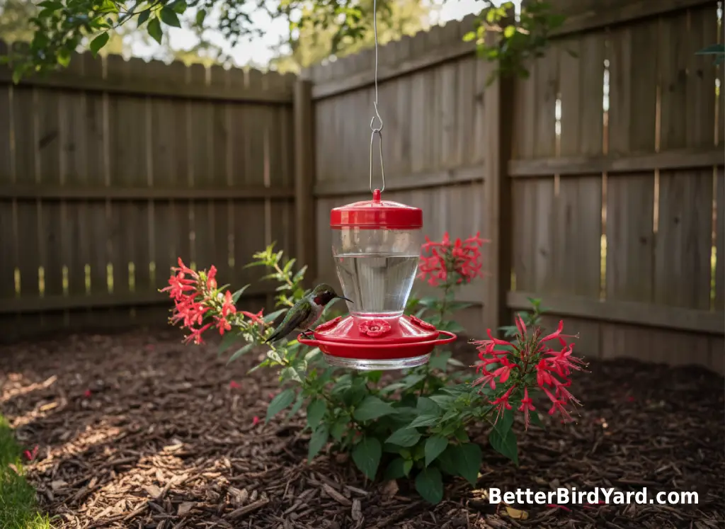 A hummingbird feeder hangs in gentle afternoon shade near red tubular flowers and green shrubs.