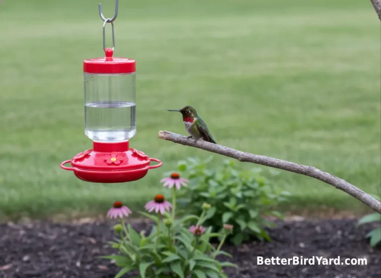 A hummingbird feeder hangs near a flower bed with a thin branch perch and open lawn behind it.