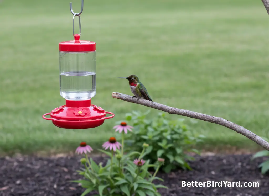 A hummingbird feeder hangs near a flower bed with a thin branch perch and open lawn behind it.