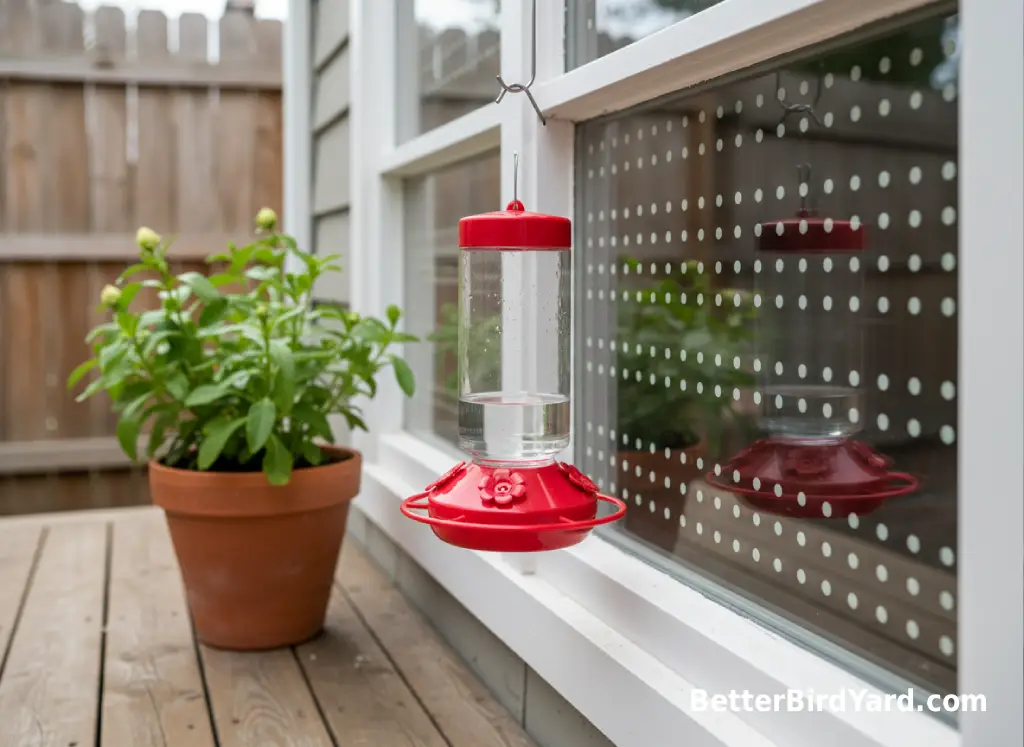 A hummingbird feeder hangs near a window with visible exterior bird-safe dot patterns on the glass.