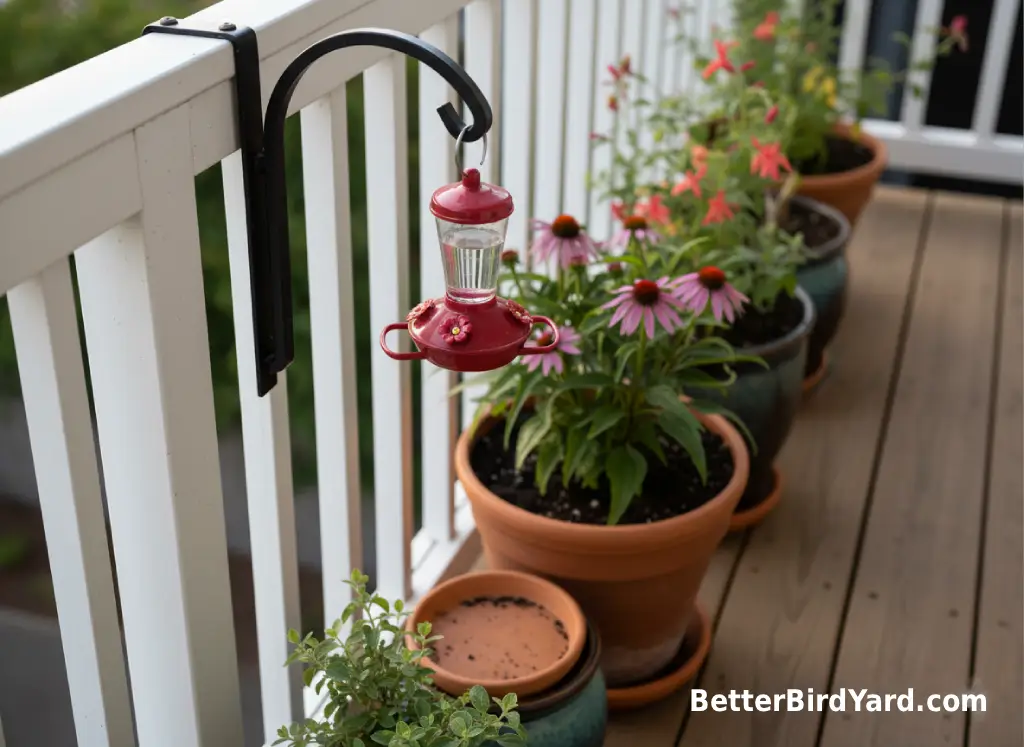 A compact hummingbird feeder hangs from a balcony rail hook above a container garden.