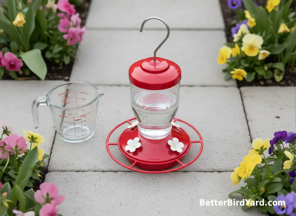 A clean hummingbird feeder is ready beside spring flowers