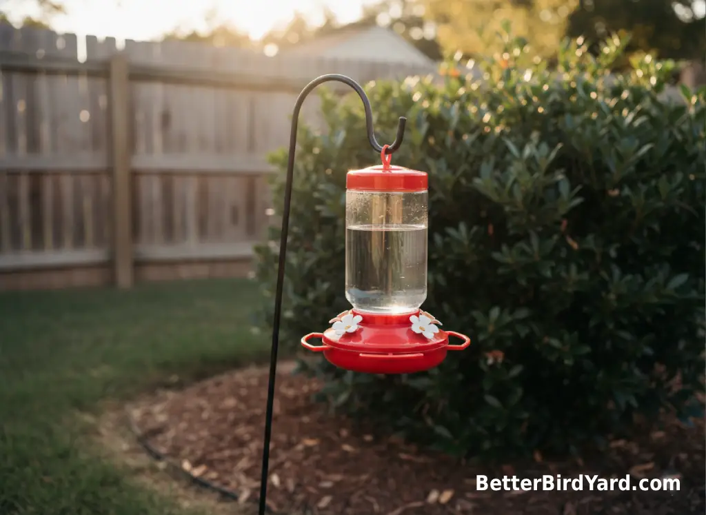 A clean hummingbird feeder hangs away from dense shrubs with open space around it.