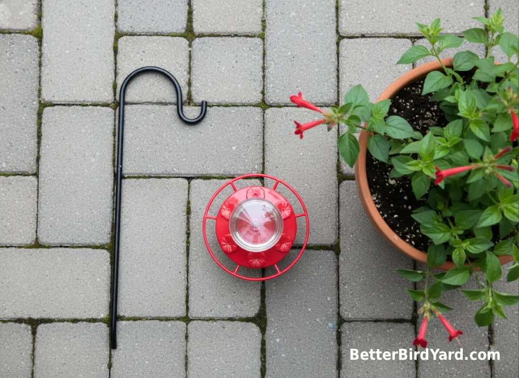 A clean hummingbird feeder, shepherd hook, and small native plant sit ready for backyard setup.