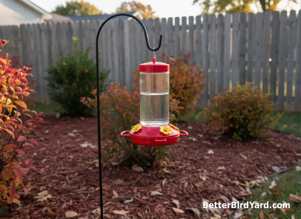Clean hummingbird feeder hanging in a quiet fall backyard with native shrubs and no birds visible.