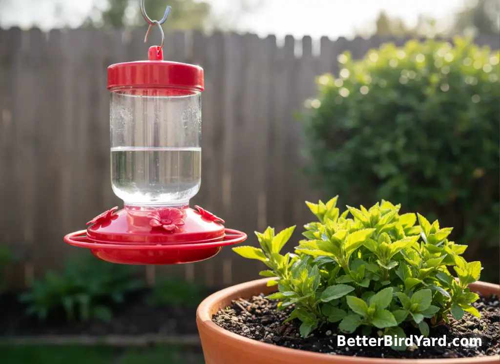 A fresh hummingbird feeder hangs near spring flowers on a small patio garden.