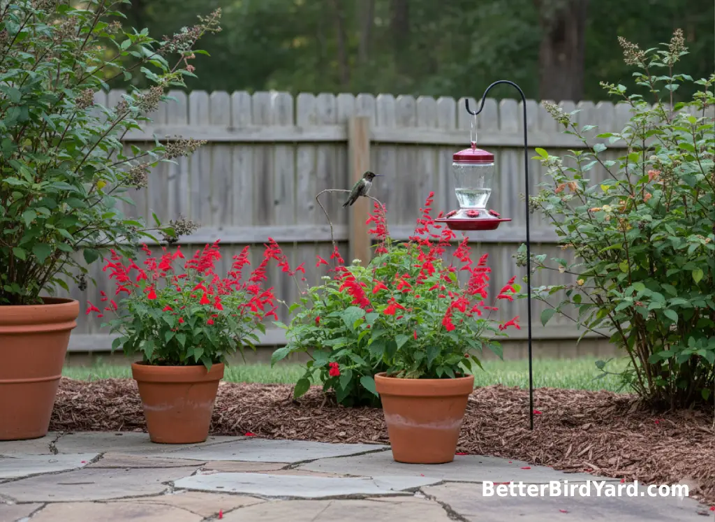 A small patio hummingbird garden has red tubular flowers, a clean feeder, and one perched hummingbird.