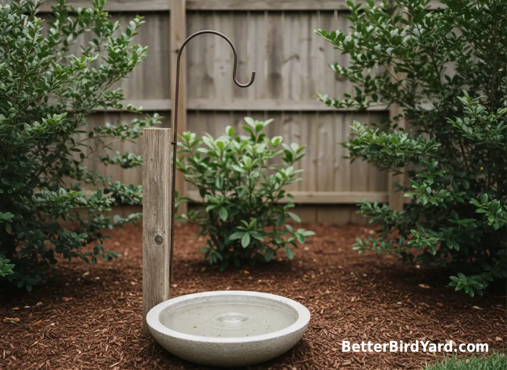 An empty feeder hook stands beside a freshly cleaned bird bath during a temporary feeding pause.