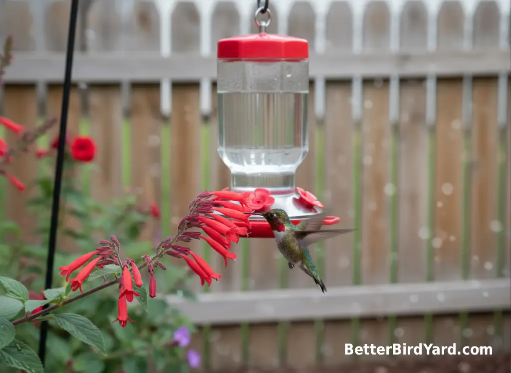 A Ruby-throated Hummingbird hovers beside a red tubular flower in a small backyard garden.