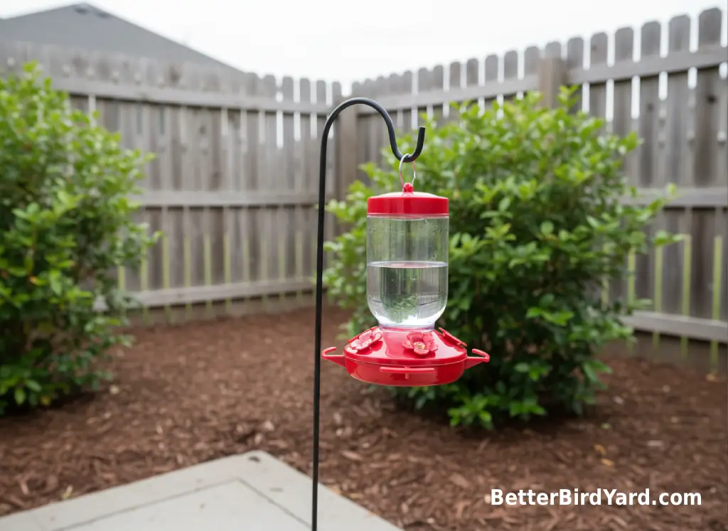 A clean hummingbird feeder hangs beside leafy shrubs in a small patio garden.
