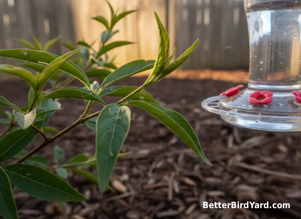 Tiny insects rest on leafy shrub stems near a hummingbird feeder in a backyard bed.