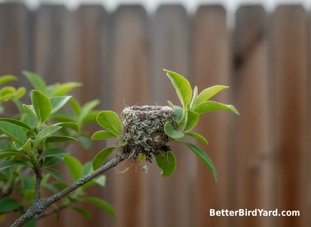 A tiny hummingbird nest sits on a branch among green leaves in a backyard shrub.