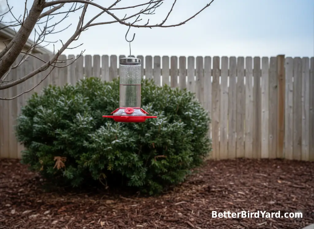 A clean hummingbird feeder hangs near evergreen shrubs in a small winter patio garden.