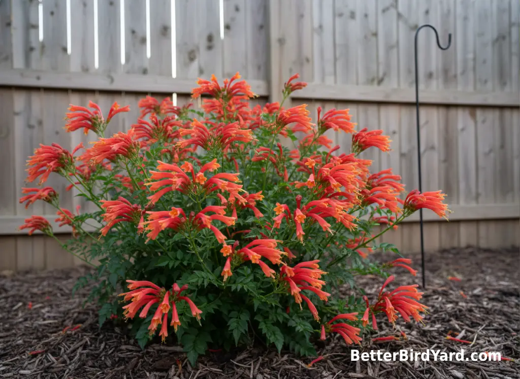 Red and orange tubular flowers bloom in a mulched backyard bed near a wooden fence.
